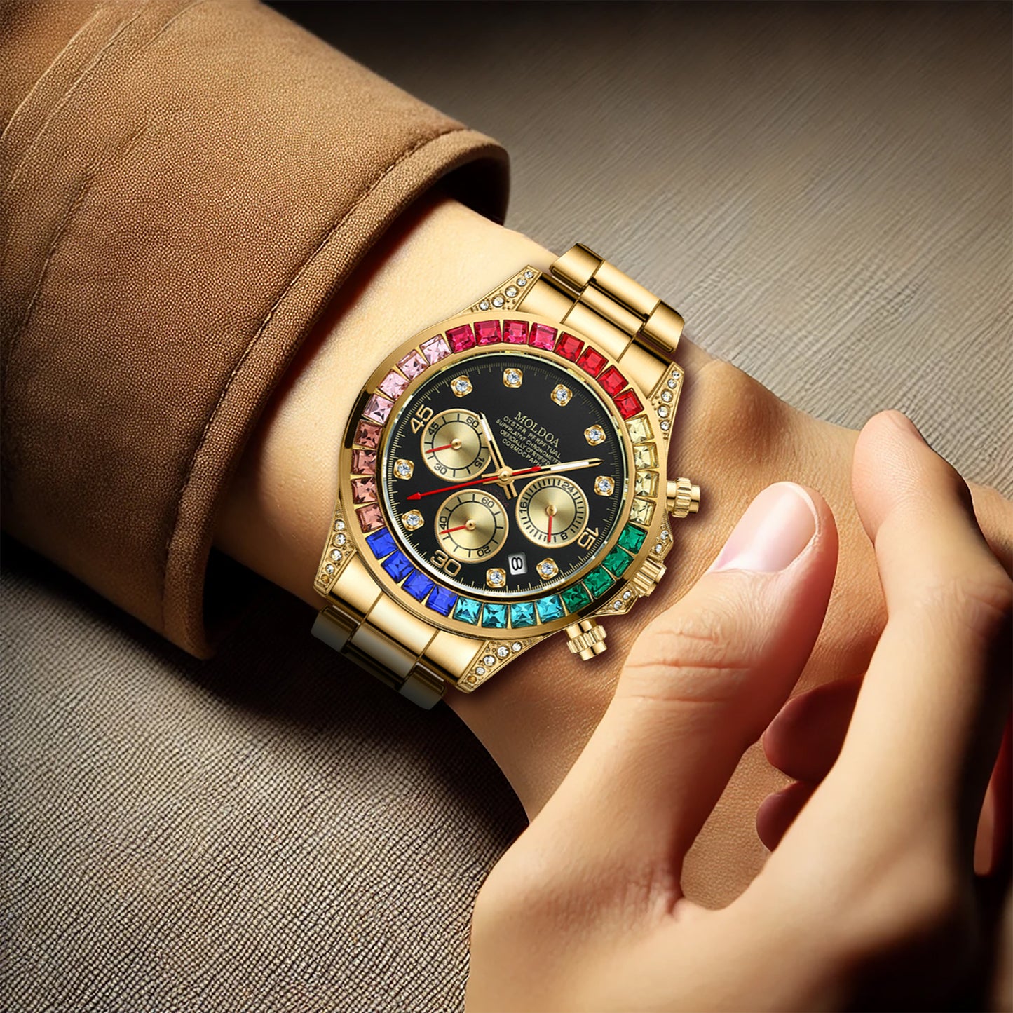 Luxury Gold Steel Band Rainbow Diamond Men's Quartz Watch with Calendar Waterproof Luminous