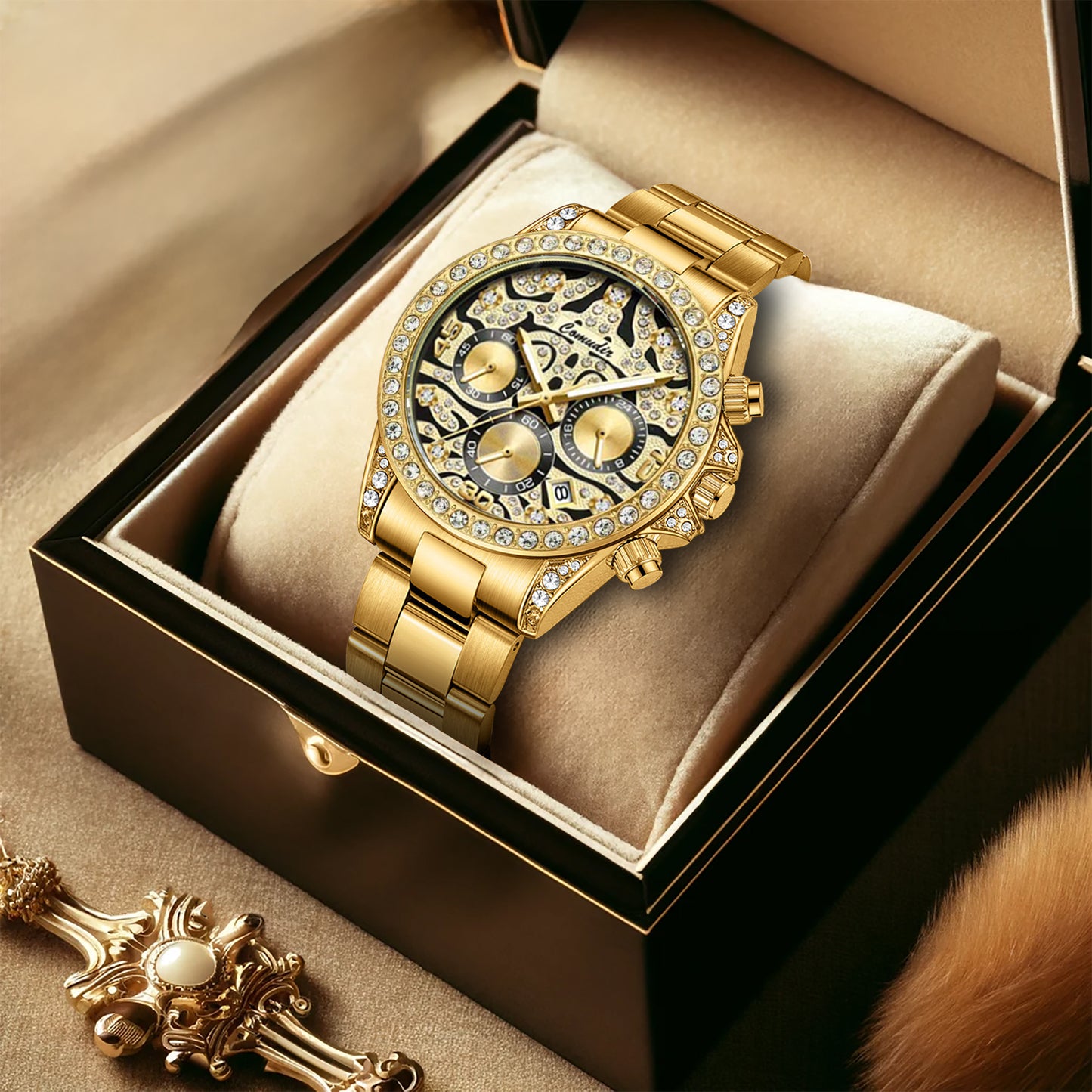 New luxury men's watch steel strap Fashion business gold tiger diamond multi-functional quartz watch