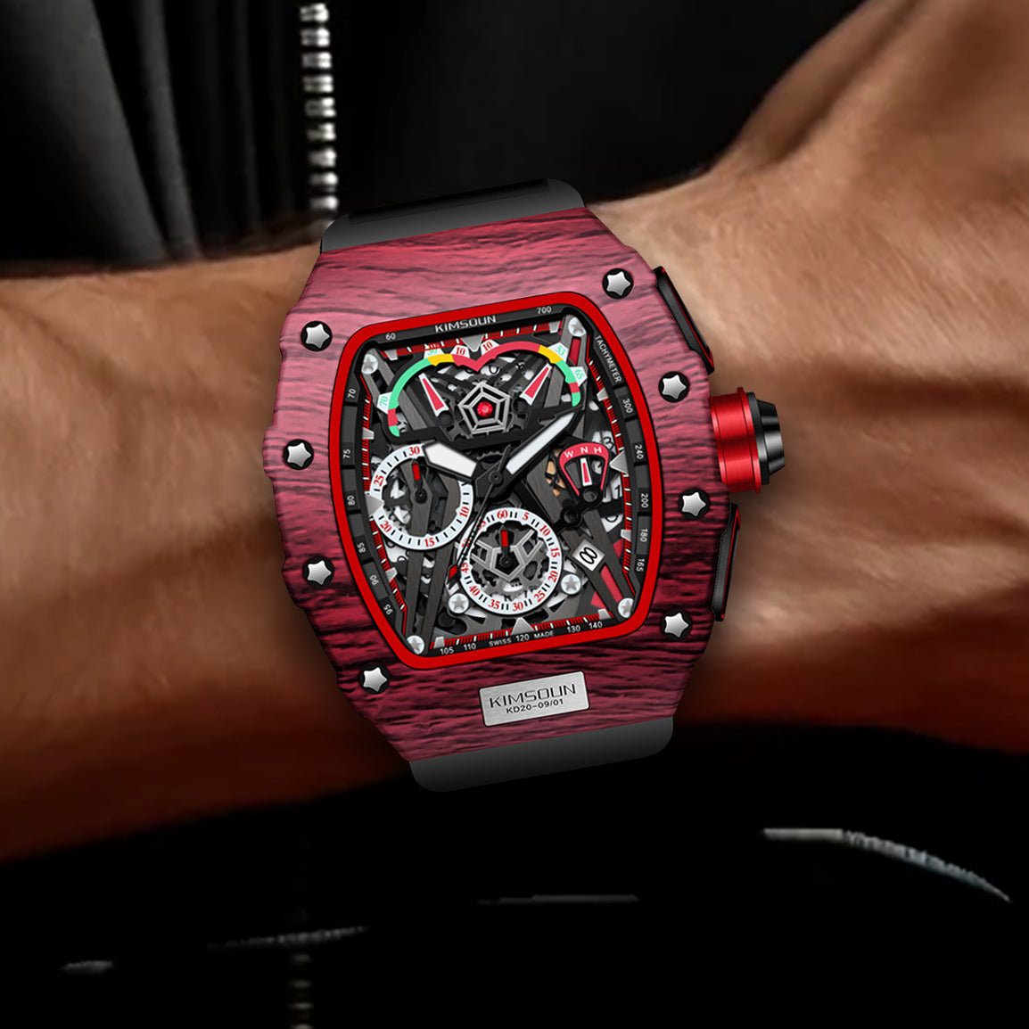 K-2013B Popular Multifunctional Barrel Shape Fashion Sports Watch Men's Calendar Quartz Watch Red Shell Black Belt