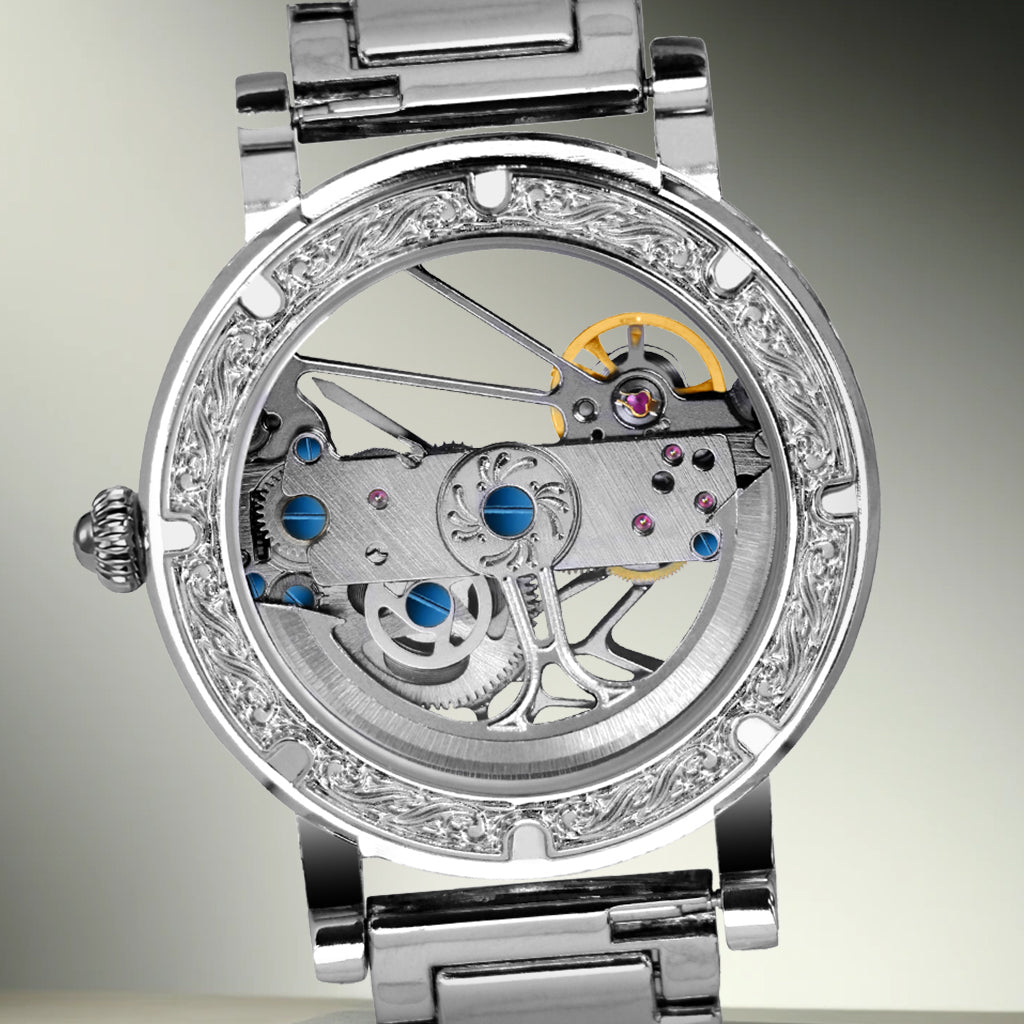 8625 New Luxury Men's Silver Stainless Steel Strap Carved Diamond Skeleton Fully Automatic Mechanical Watch
