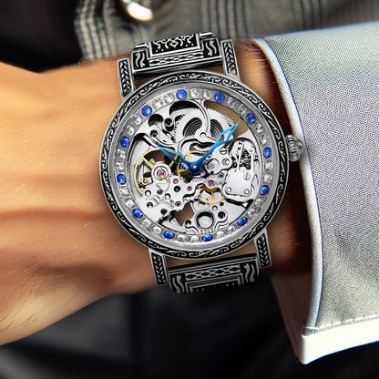 Retro Carving Automatic Mechanical Watch Men's Fashion Diamond Hollow Stainless Steel Waterproof Watch