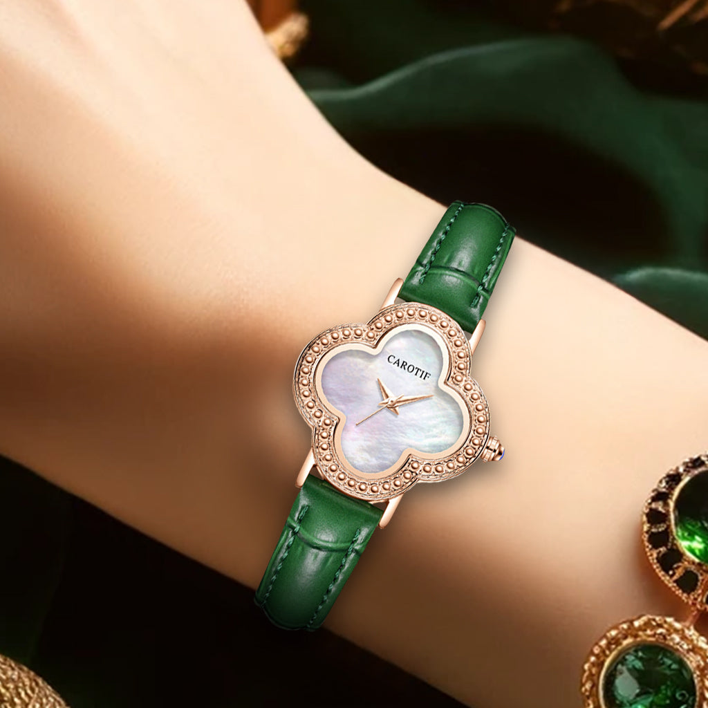 Fashion Quartz Watches Women Creative Watch Leather Strap Women's Four Leaf Clover Wristwatch with Waterproof