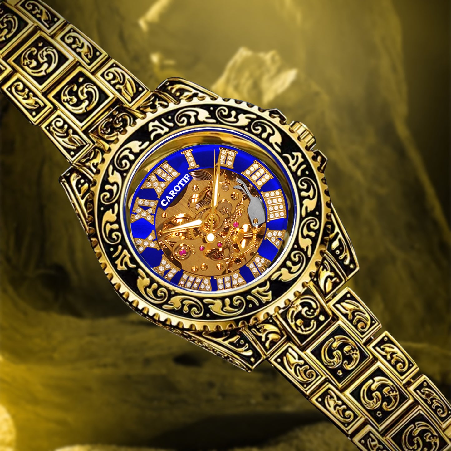 New Men's Fashion Casual Hollow Retro Carved Gold and Blue Fully Automatic Mechanical Watch