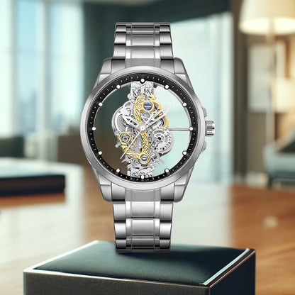 K-1822 Silver Steel Band Hot Fashion Business Double-sided Transparent Hollow Men's Quartz Watch