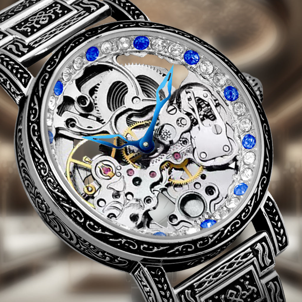 Retro Carving Automatic Mechanical Watch Men's Fashion Diamond Hollow Stainless Steel Waterproof Watch