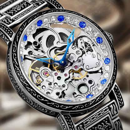 Retro Carving Automatic Mechanical Watch Men's Fashion Diamond Hollow Stainless Steel Waterproof Watch