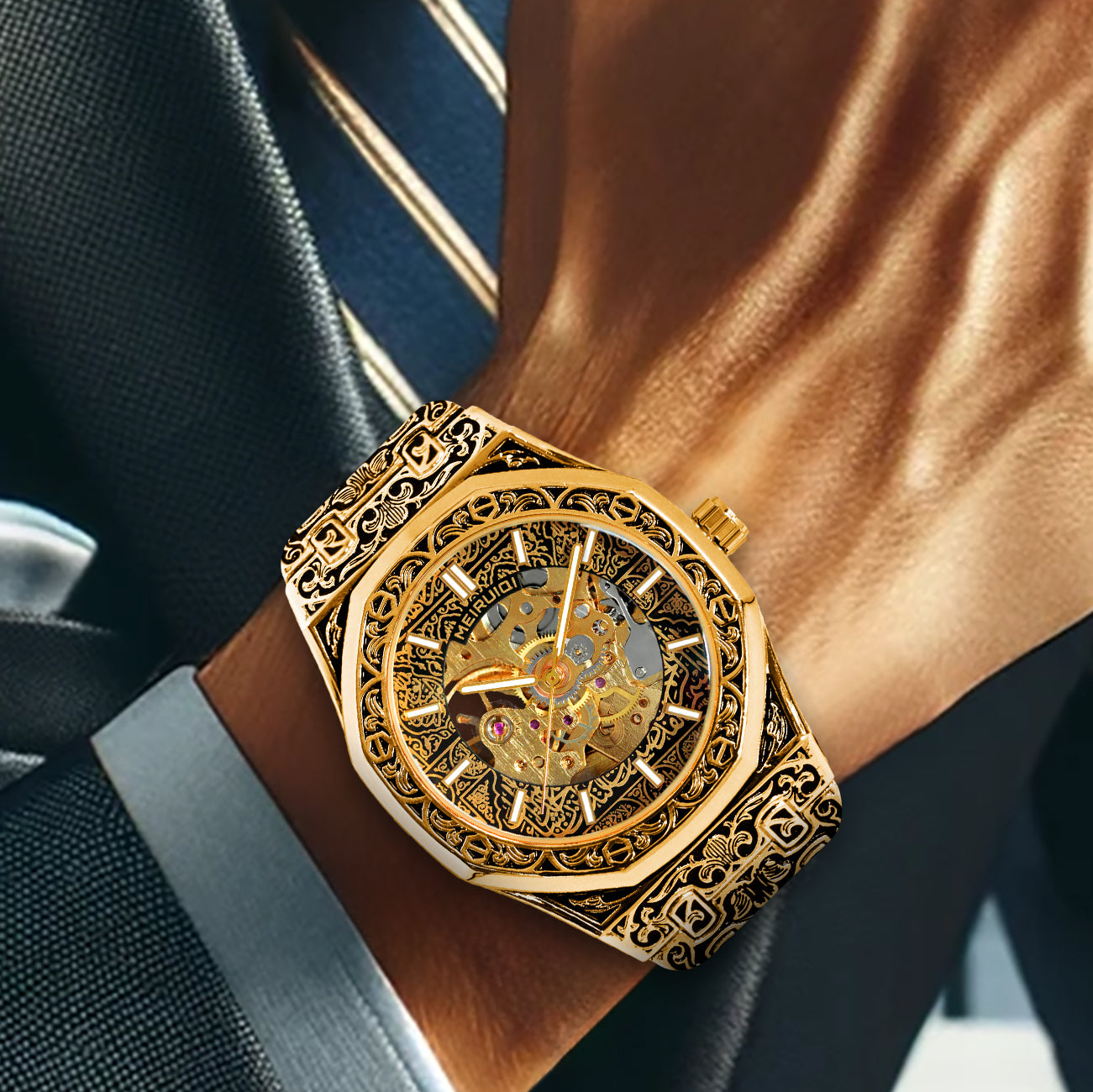 Luxury retro gold engraved pattern fully automatic mechanical watch fashion hollow luminous waterproof men's watch