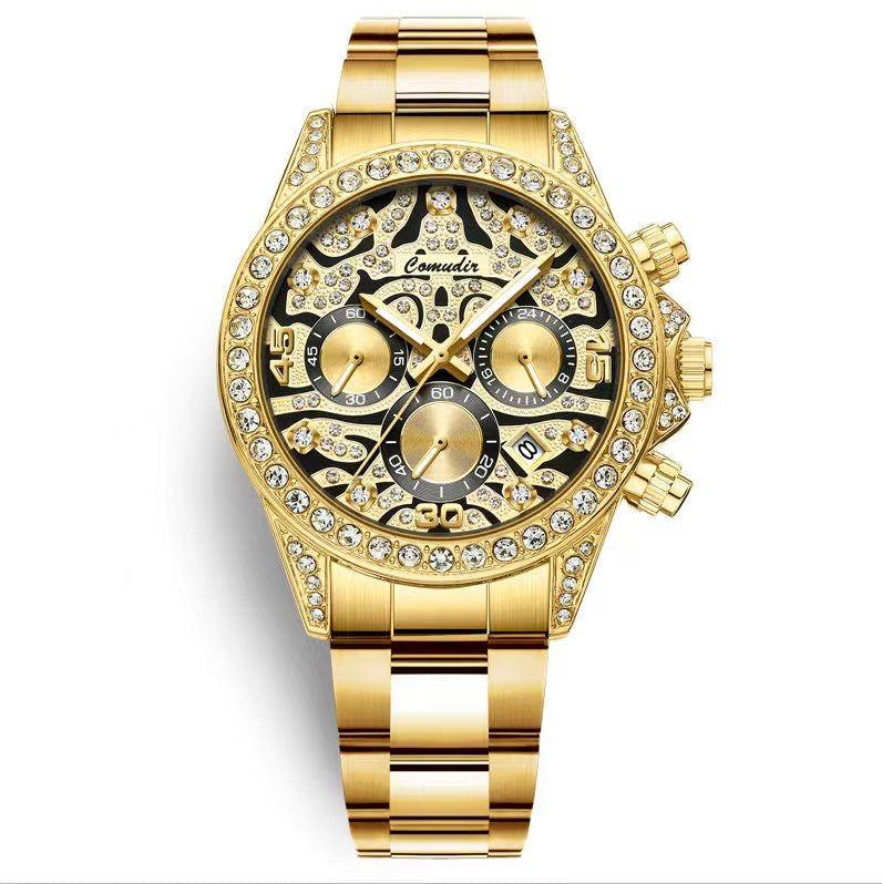 New luxury men's watch steel strap Fashion business gold tiger diamond multi-functional quartz watch