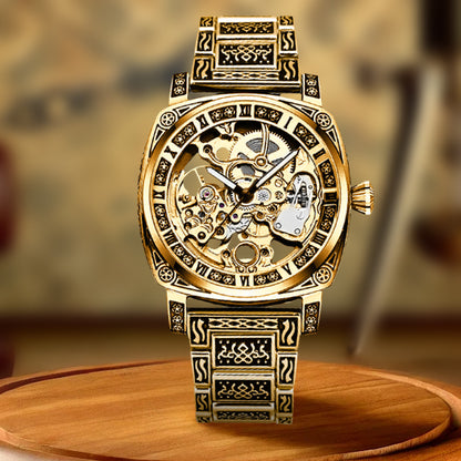 8837 New Luxury Automatic Mechanical Watch Gold Retro Carved Steel Band Men's Watches with Waterproof Luminous Hands