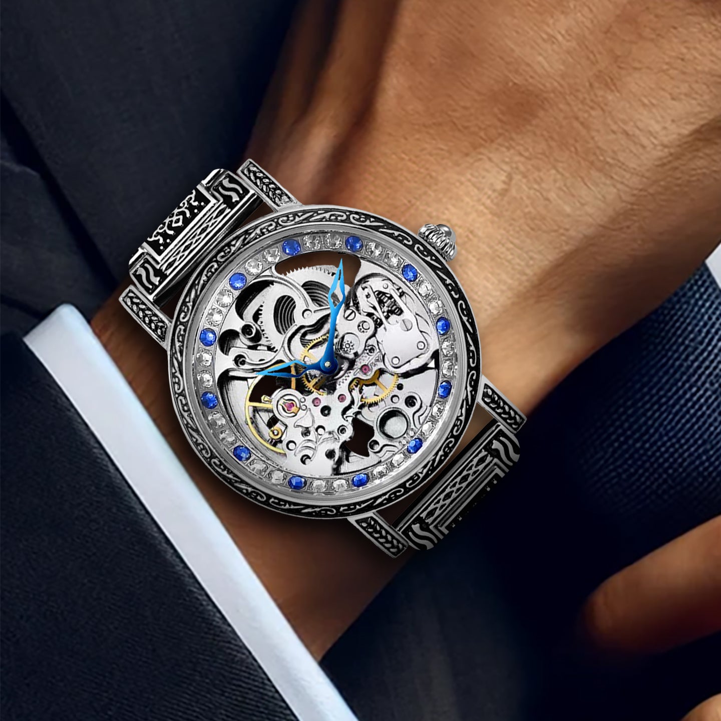 Retro Carving Automatic Mechanical Watch Men's Fashion Diamond Hollow Stainless Steel Waterproof Watch