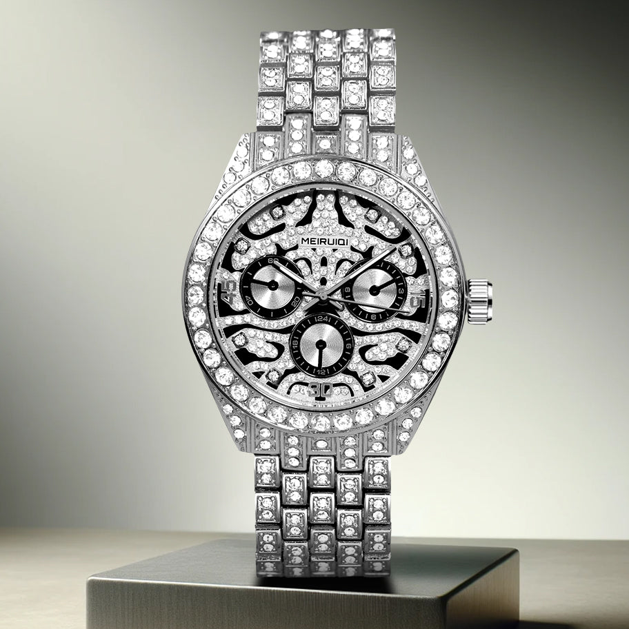 MEIRUIQI new silver diamond three-eye tiger dial fashion men's quartz watch