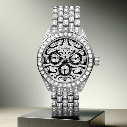 MEIRUIQI new silver diamond three-eye tiger dial fashion men's quartz watch