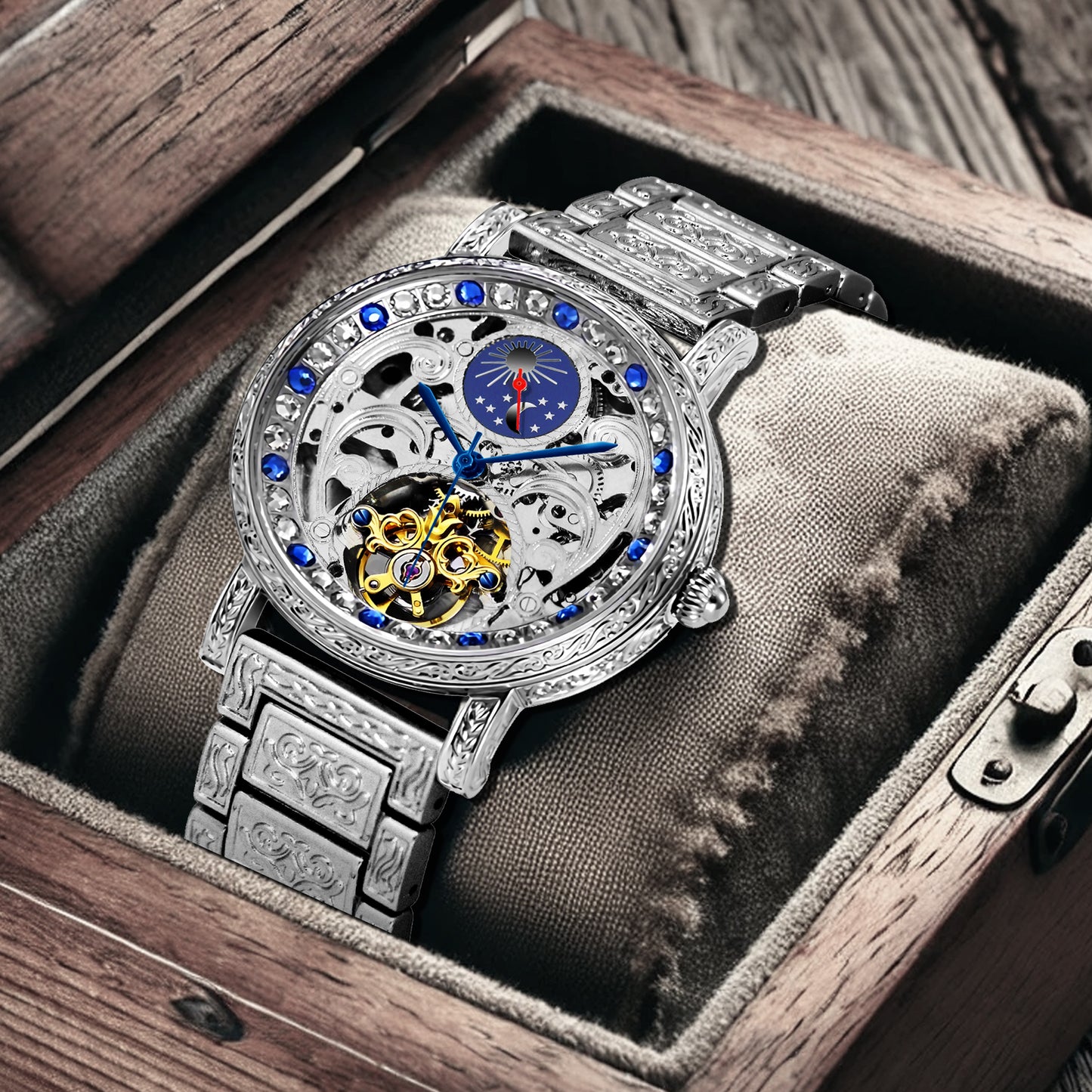 New silver engraved sun and moon phase automatic mechanical watch fashionable men's skeleton watch