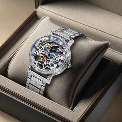 8625 New Luxury Men's Silver Stainless Steel Strap Carved Diamond Skeleton Fully Automatic Mechanical Watch