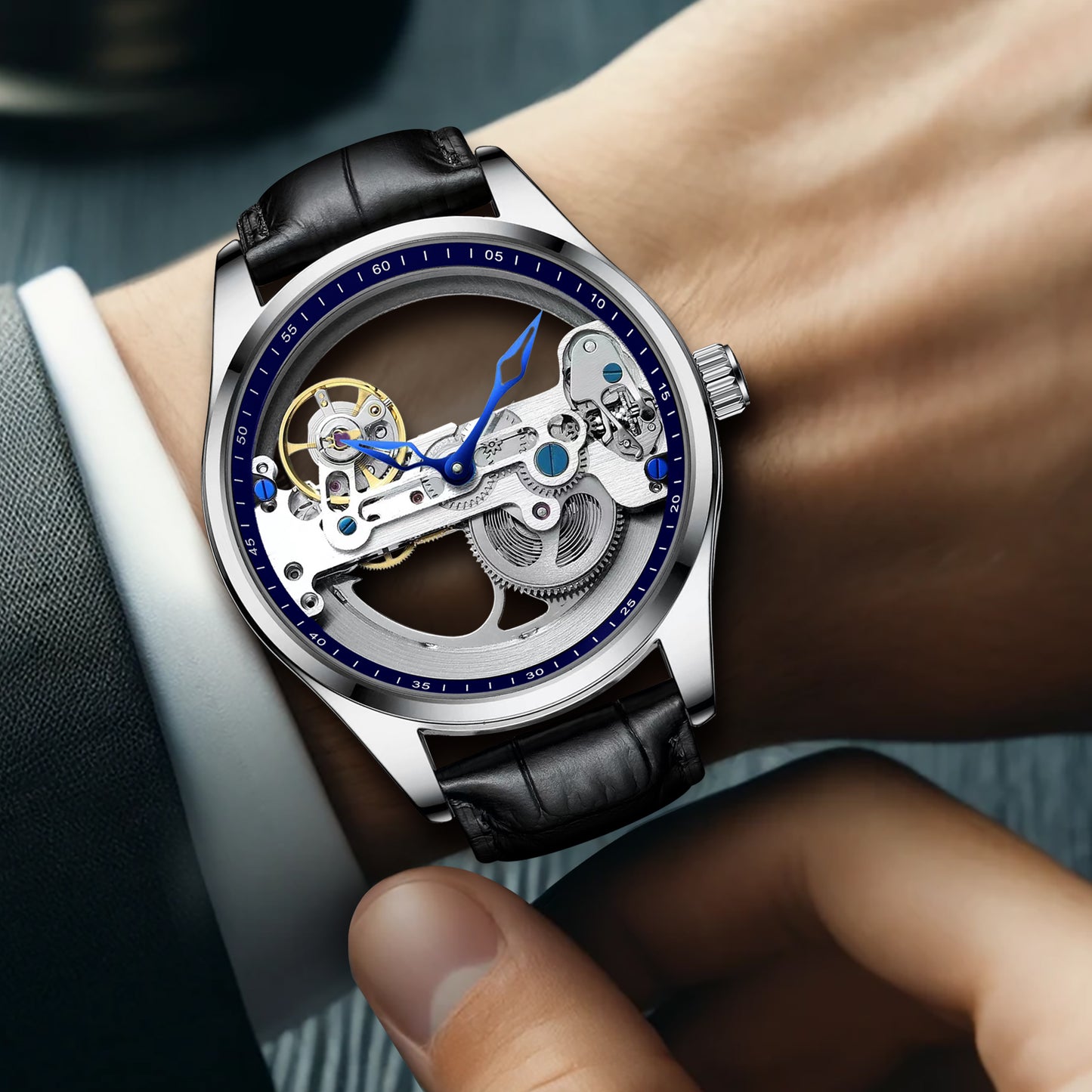 New automatic mechanical watch for men fashion Leather Strap tourbillon hollow watch