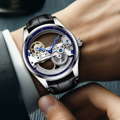 New automatic mechanical watch for men fashion Leather Strap tourbillon hollow watch