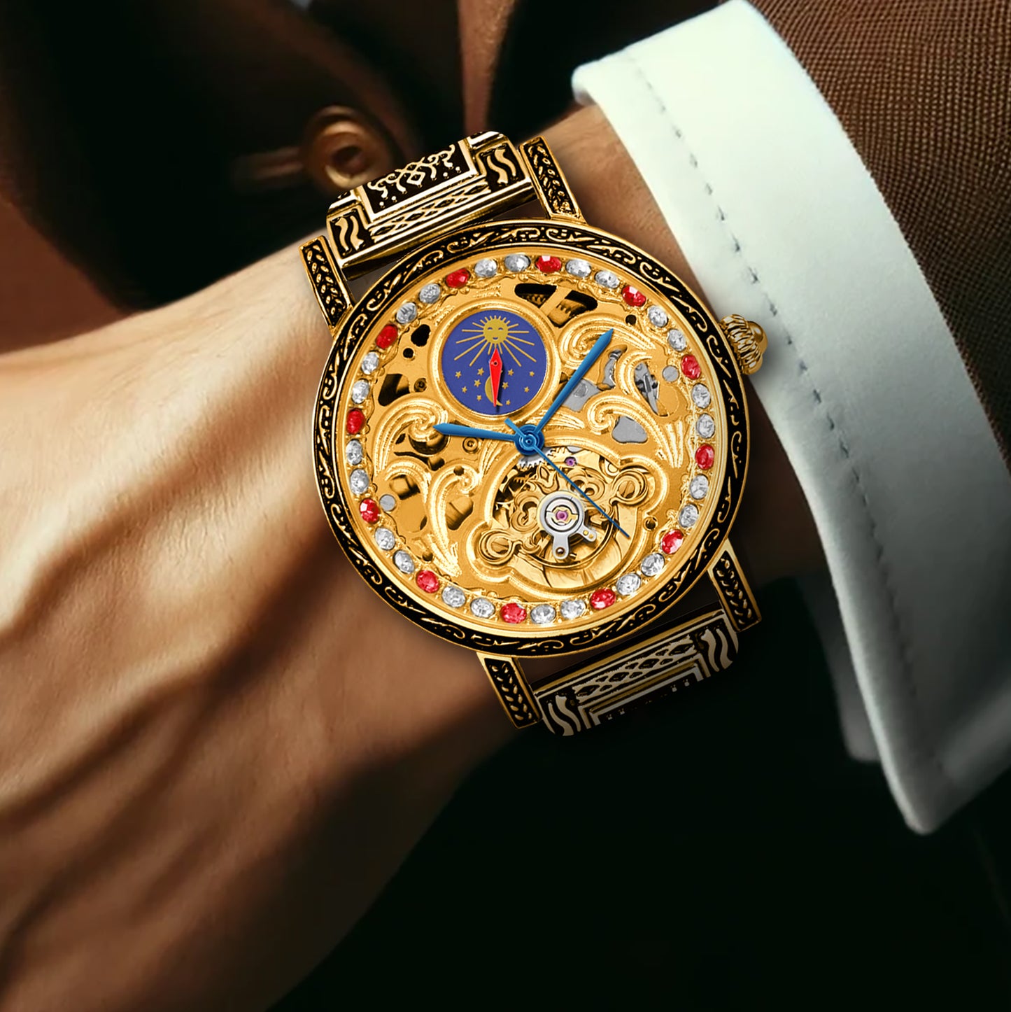 Luxury gold retro carved automatic mechanical watch for men fashion red diamond skeleton dial tourbillon watch