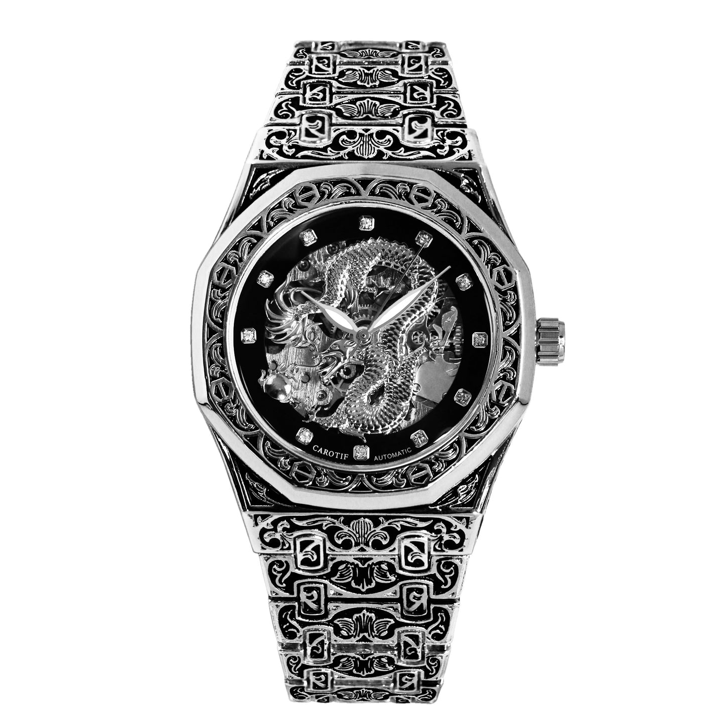 CAROTIF men's automatic mechanical watches gold retro carved watch luxury waterproof luminous wrist watch with steel band