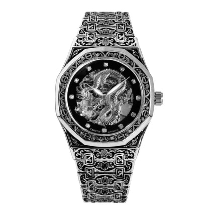 CAROTIF men's automatic mechanical watches gold retro carved watch luxury waterproof luminous wrist watch with steel band