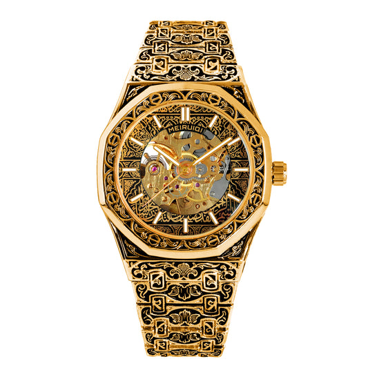 Luxury retro gold engraved pattern fully automatic mechanical watch fashion hollow luminous waterproof men's watch