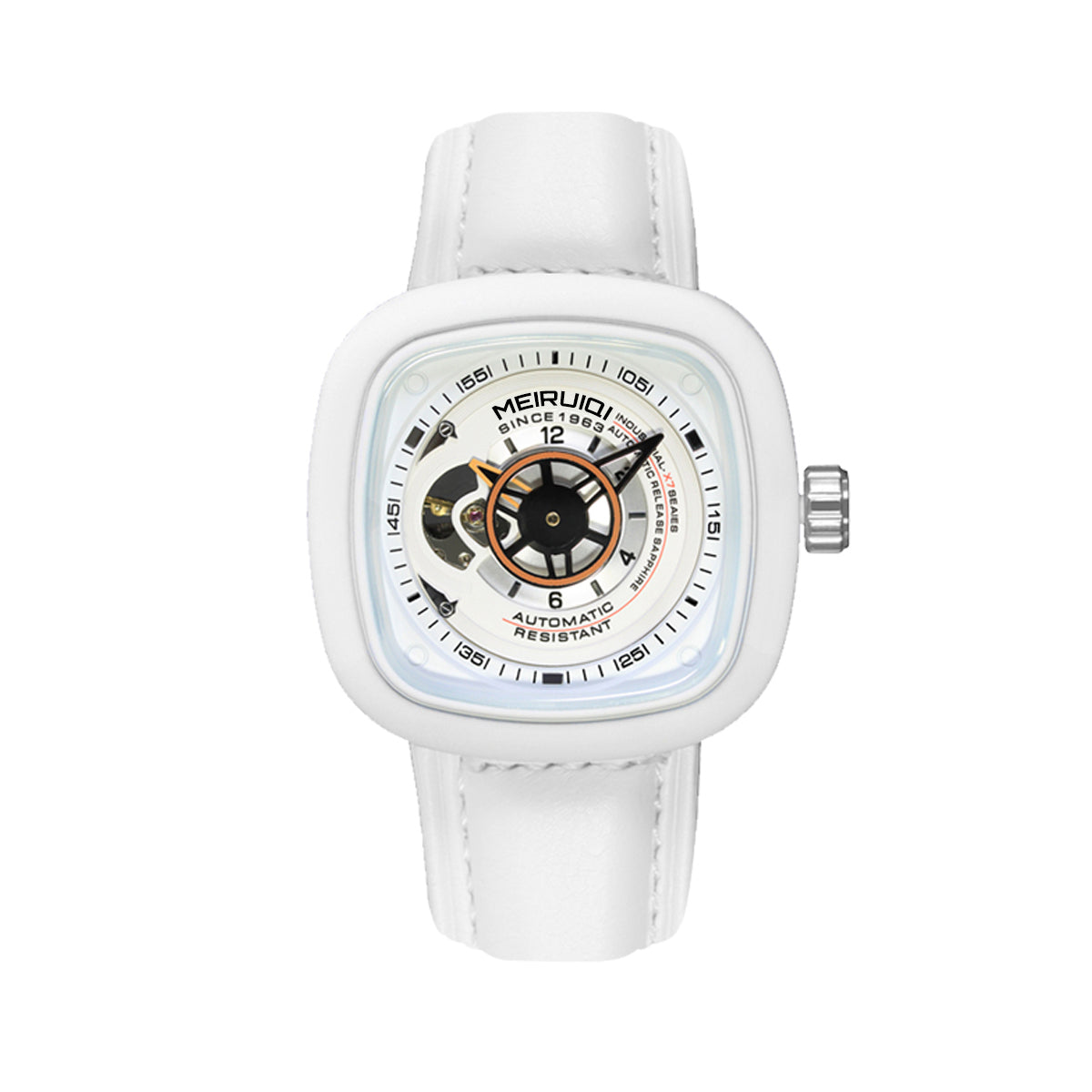 1003 New Men's Fashion White Leather Belt Square Hollow Waterproof Fully Automatic Mechanical Watch