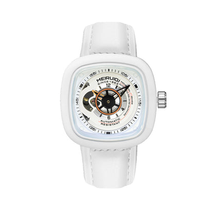 1003 New Men's Fashion White Leather Belt Square Hollow Waterproof Fully Automatic Mechanical Watch