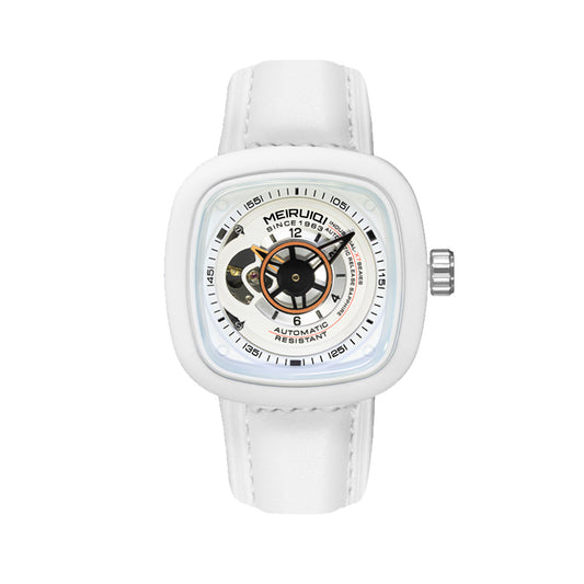 1003 New Men's Fashion White Leather Belt Square Hollow Waterproof Fully Automatic Mechanical Watch