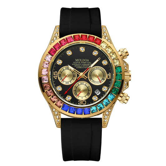 Men's Gold Alloy Rainbow Diamond Fashion Black Silicone Strap Multifunctional Quartz Watch