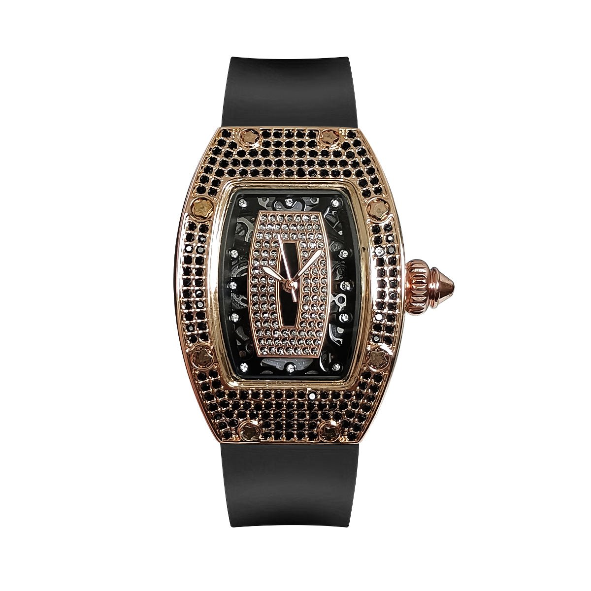 New barrel-shaped diamond-studded fashion luxury women's quartz watch with rose gold alloy case and black silicone strap