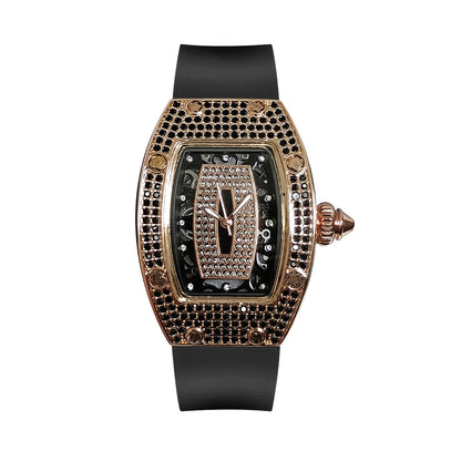 New barrel-shaped diamond-studded fashion luxury women's quartz watch with rose gold alloy case and black silicone strap