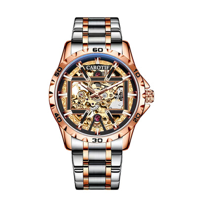 New Men's Rose Gold Carved Pattern Fashion Hollow Fully Automatic Mechanical Watch Luminous Waterproof