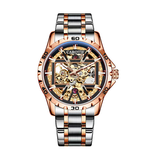 New Men's Rose Gold Carved Pattern Fashion Hollow Fully Automatic Mechanical Watch Luminous Waterproof