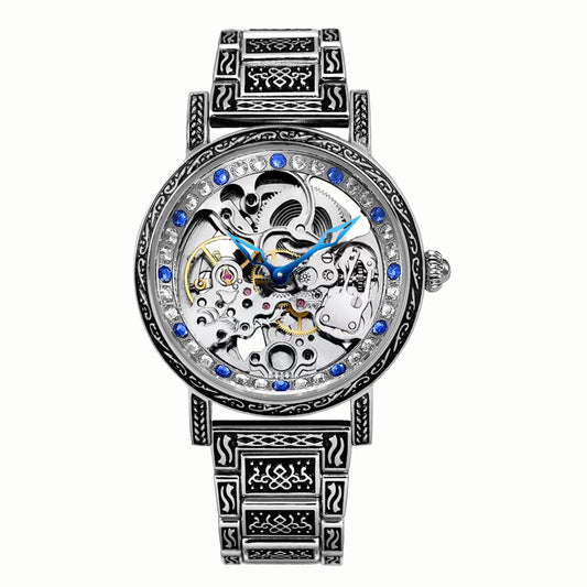 Retro Carving Automatic Mechanical Watch Men's Fashion Diamond Hollow Stainless Steel Waterproof Watch