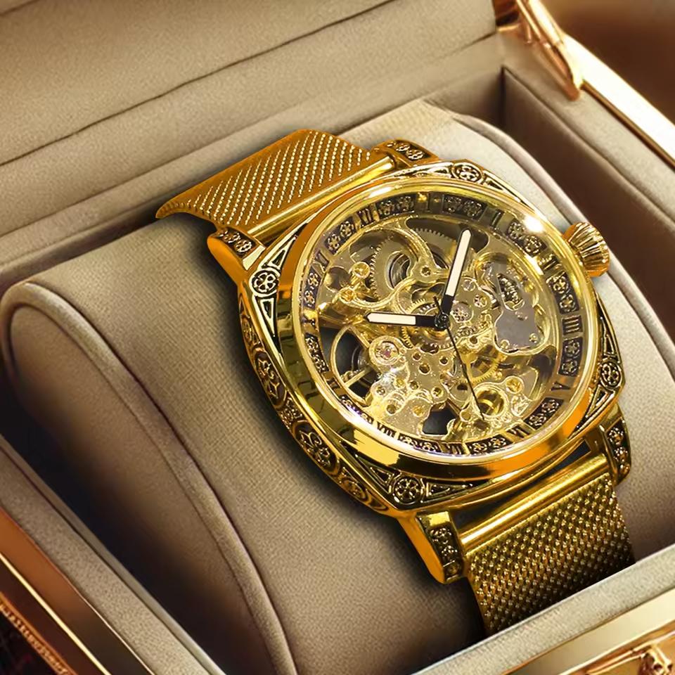 8837 New Luxury Automatic Mechanical Watch Gold Retro Carved Steel Band Men's Watches with Waterproof Luminous Hands