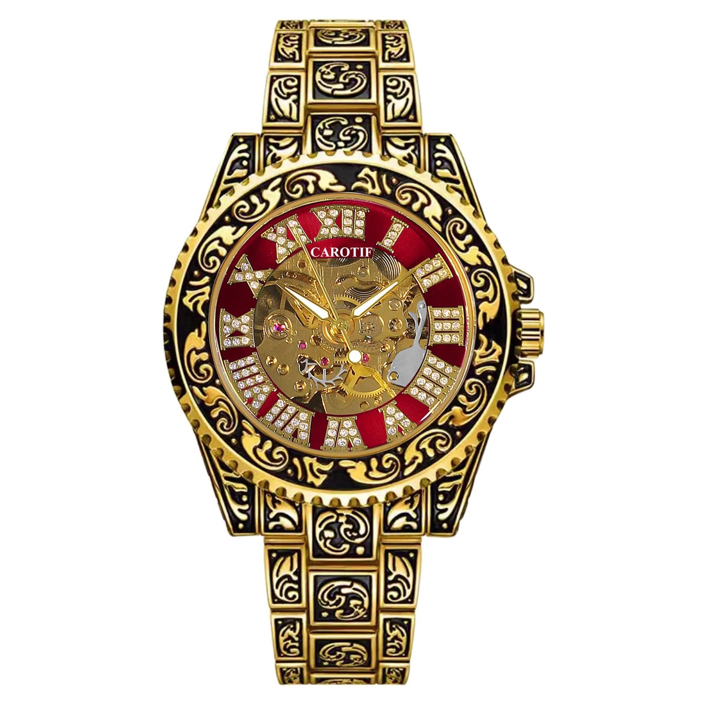 New Men's Fashion Casual Hollow Retro Carved Gold and Blue Fully Automatic Mechanical Watch