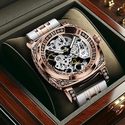 8837 New Luxury Automatic Mechanical Watch Gold Retro Carved Steel Band Men's Watches with Waterproof Luminous Hands