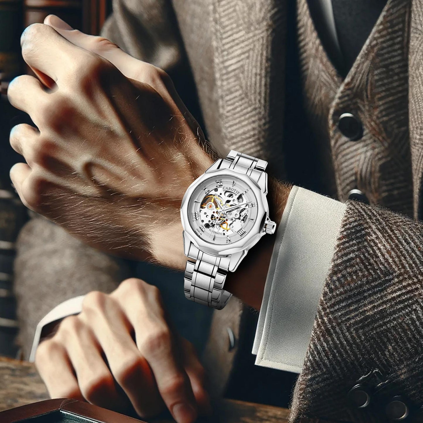 New men's watch with fashionable style, high-end trend, high aesthetic value, novel and simple wormhole hollow mechanical watch