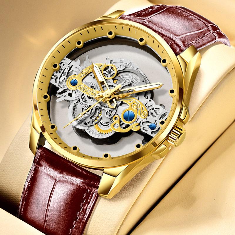 K-1822 Silver Steel Band Hot Fashion Business Double-sided Transparent Hollow Men's Quartz Watch