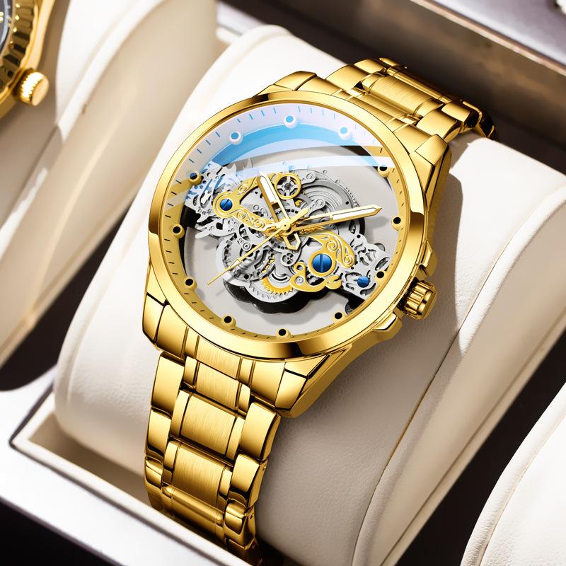 K-1822 Silver Steel Band Hot Fashion Business Double-sided Transparent Hollow Men's Quartz Watch