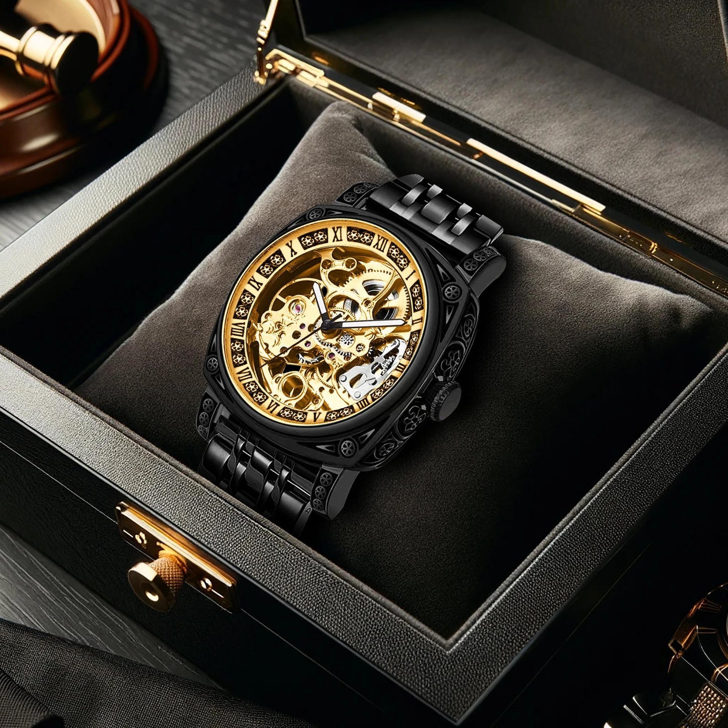 8837 New Luxury Automatic Mechanical Watch Gold Retro Carved Steel Band Men's Watches with Waterproof Luminous Hands