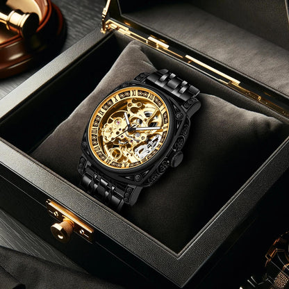 8837 New Luxury Automatic Mechanical Watch Gold Retro Carved Steel Band Men's Watches with Waterproof Luminous Hands
