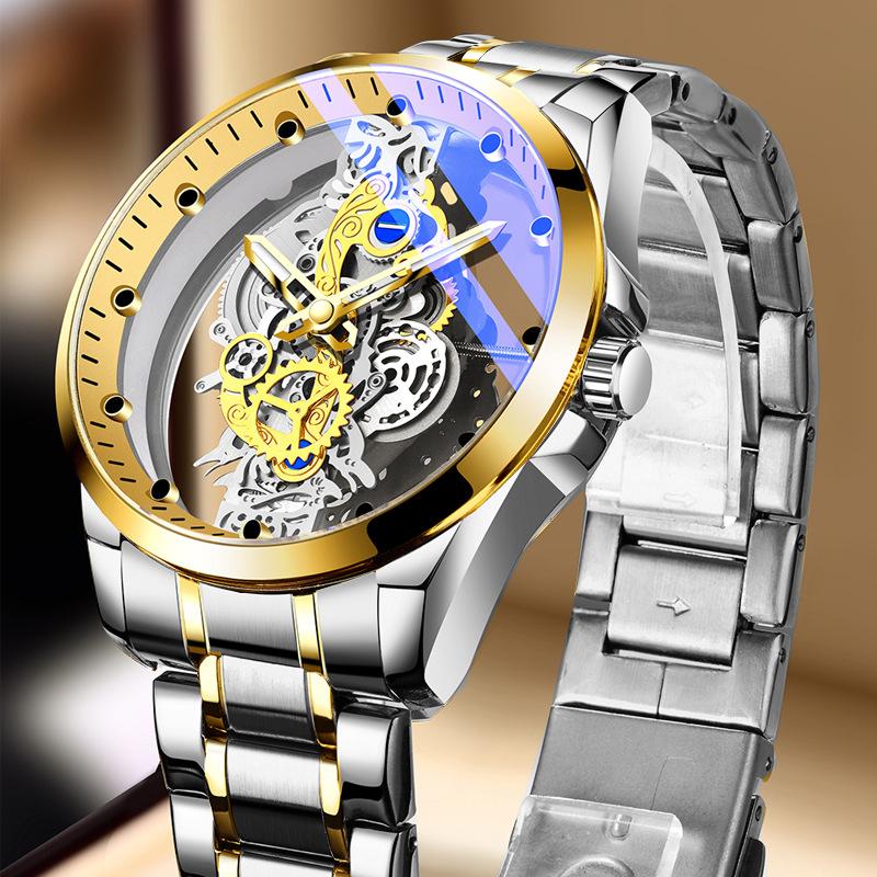 K-1822 Silver Steel Band Hot Fashion Business Double-sided Transparent Hollow Men's Quartz Watch