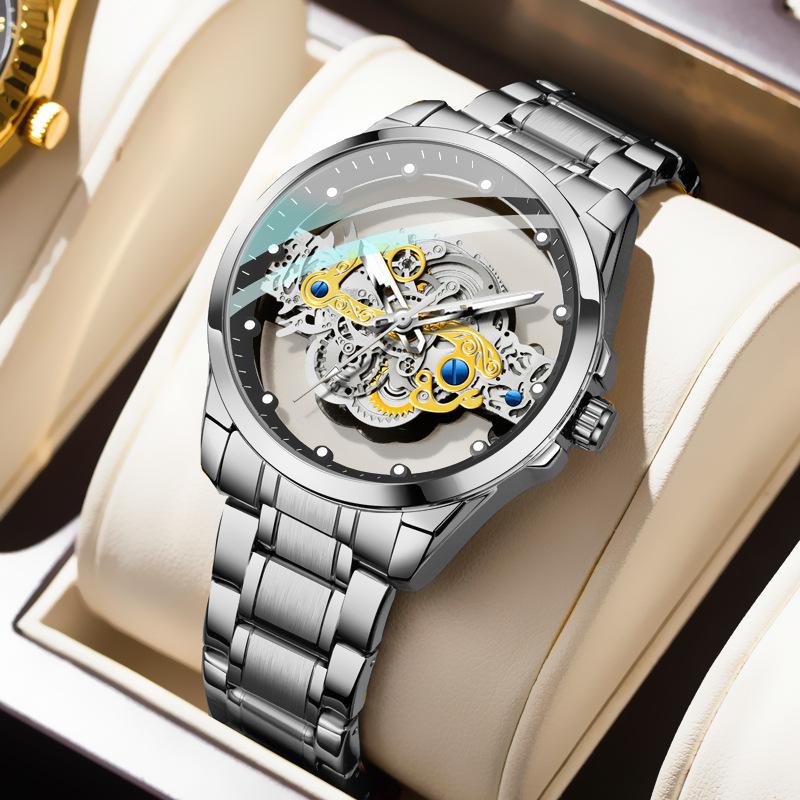 K-1822 Silver Steel Band Hot Fashion Business Double-sided Transparent Hollow Men's Quartz Watch