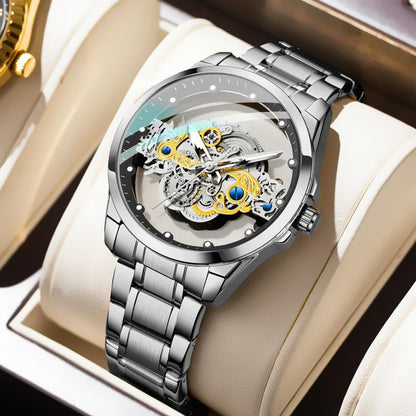 K-1822 Silver Steel Band Hot Fashion Business Double-sided Transparent Hollow Men's Quartz Watch