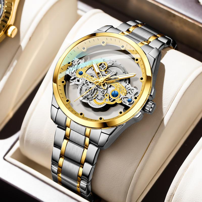 K-1822 Silver Steel Band Hot Fashion Business Double-sided Transparent Hollow Men's Quartz Watch
