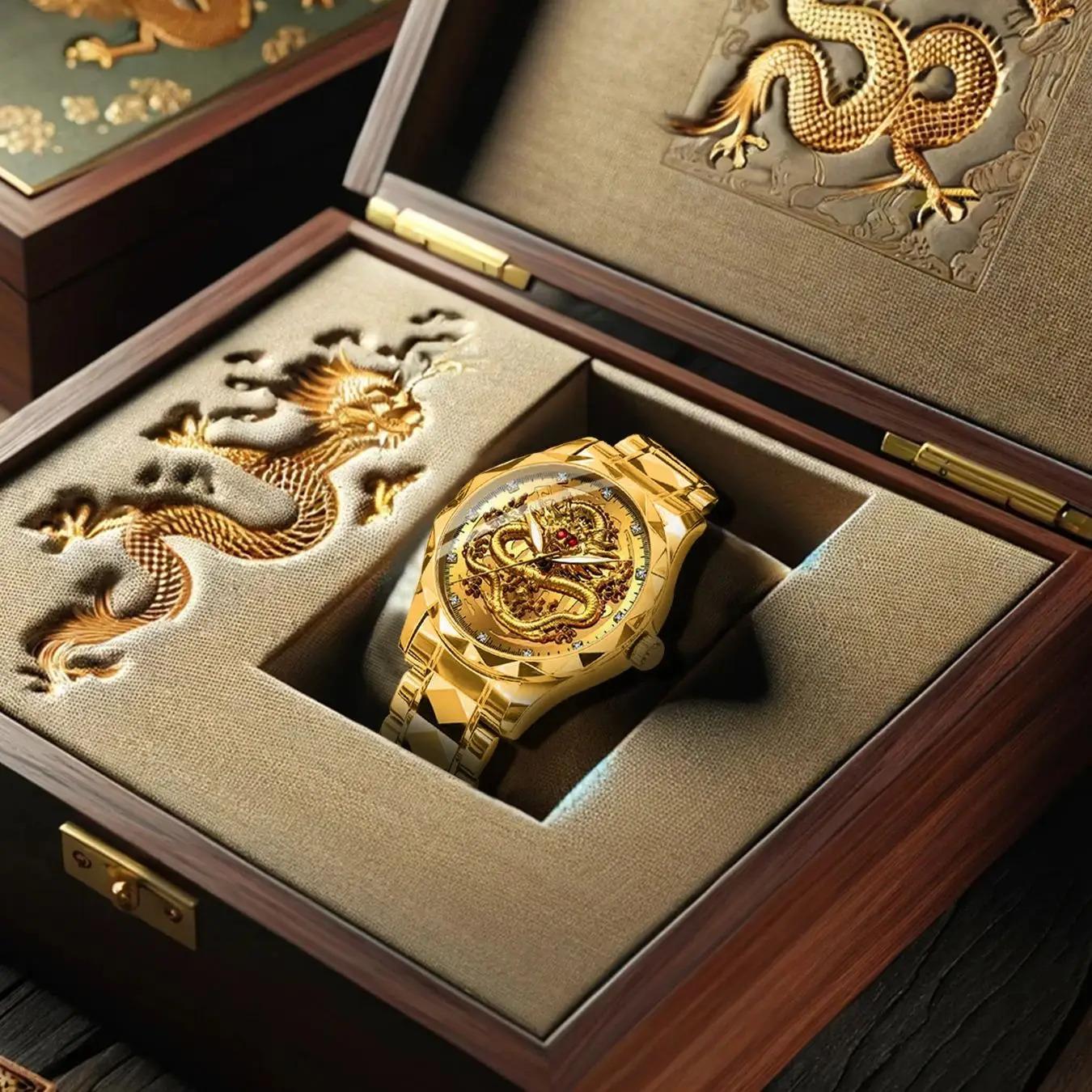 K-1826B New Luxury Golden Dragon Watch Business Men's Quartz Watches Fashion Waterproof Wristwatch Stainless Steel
