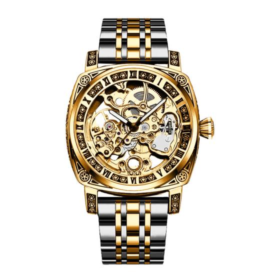 8837 New Luxury Automatic Mechanical Watch Gold Retro Carved Steel Band Men's Watches with Waterproof Luminous Hands