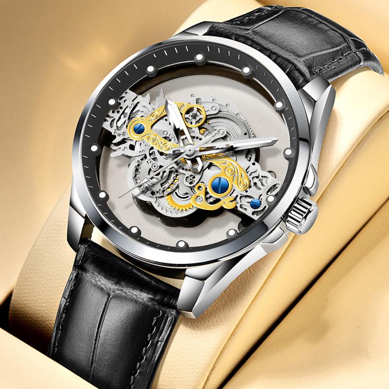 K-1822 Silver Steel Band Hot Fashion Business Double-sided Transparent Hollow Men's Quartz Watch