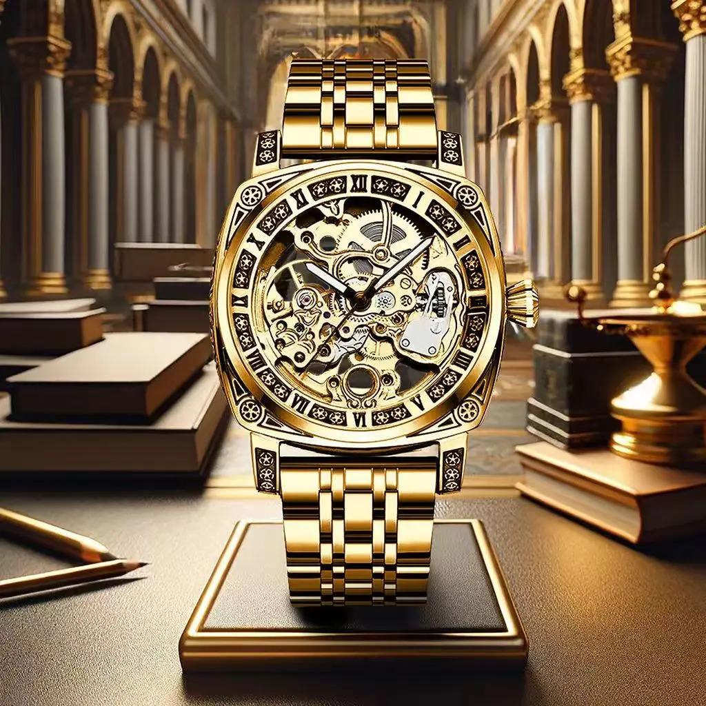 8837 New Luxury Automatic Mechanical Watch Gold Retro Carved Steel Band Men's Watches with Waterproof Luminous Hands