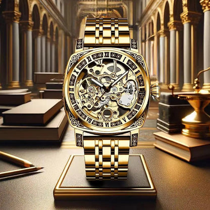 8837 New Luxury Automatic Mechanical Watch Gold Retro Carved Steel Band Men's Watches with Waterproof Luminous Hands